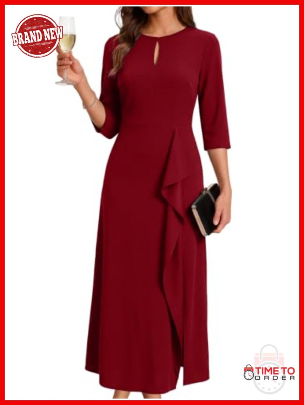 3/4 Sleeve Ruffled Midi Dress with Pockets Business Casual